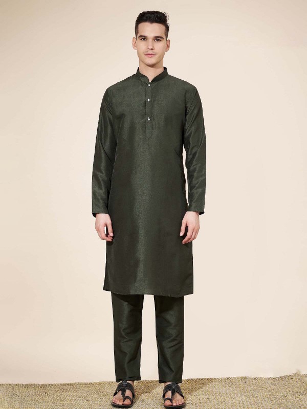 Dark Green Pure Silk Readymade Kurta Pajama